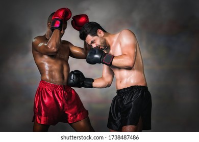 Caucasian Boxer Making Hook To African American Boxer Who Lose Guard Block In Boxing Fight Match On Stage, Selective Focused