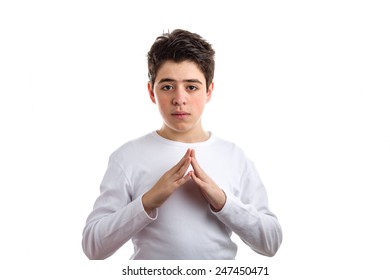 Caucasian boy with acne-prone skin in a white long sleeved t-shirt makes hand steeple gesture - Shutterstock ID 247450471