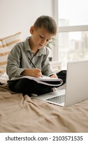 Caucasian Boy Student Studing From Home Virtual Classroom Using Laptop For Distance Study. Cute Boy 7 Years Old Writing In A Workbook