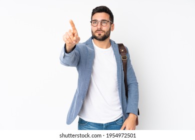 Caucasian business man isolated on white background touching on transparent screen - Powered by Shutterstock