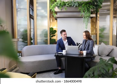 Caucasian Business People Is Working On New Strategic Planning For Next Year Using Laptop While Working In Green Eco Friendly Modern Working Space Surrounded By Air Purifying House Plant