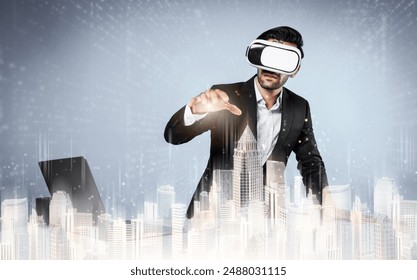 Caucasian businessman planning to invest in real estate while using VR glasses. Civil engineer design house construction while wearing visual reality glasses to connect global network. Deviation. - Powered by Shutterstock