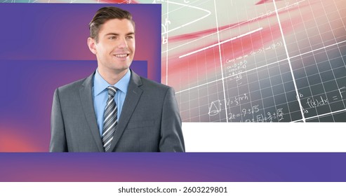 Caucasian businessman using diigtal tablet against mathematical equations against purple background. global business and mathematical research technology concept