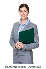 Caucasian businesswoman with clipboard