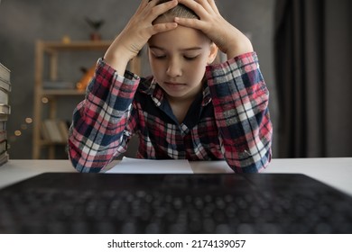 Caucasian Child Girl Have Headache Studying Online On Computer From Home, Using Laptop At Home, Webcam View Pov. Upset Teen Kid Having Online Lesson