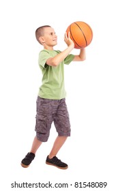 Caucasian Child Playing Basketball, Isolated On White Background