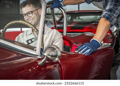 Caucasian Classic Cars Enthusiast Buying Fully Restored Convertible Dream Car - Powered by Shutterstock