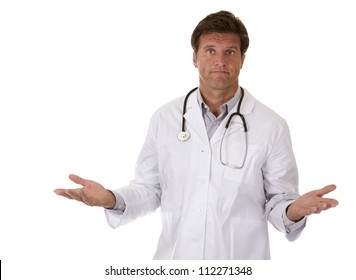 Caucasian Doctor Is Giving Bad News On White Background