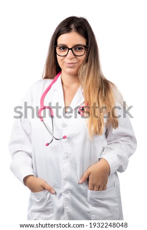 Caucasian doctor woman with pink stethoscope on a white background.