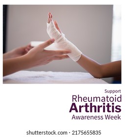 Caucasian doctor wrapping bandage on child's hand and support rheumatoid arthritis awareness week. Childhood, text, composite, pain, disease, joints, autoimmune, healthcare, awareness and prevention. - Powered by Shutterstock