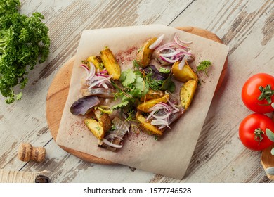Caucasian Eastern European cuisine. Herring appetizer Georgian restaurant. The photograph lay flat on the table. - Shutterstock ID 1577746528