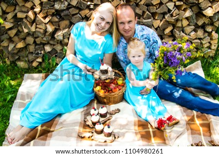 caucasian family celebration birthday little girl village style wood background outdoor