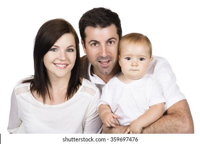 Caucasian Family With Mom Dad And Baby Boy. Image Is Isolated On A White Background.