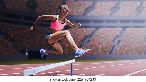 Caucasian female athlete jumping over a hurdle against sports stadium in background. sports competition and tournament concept - Powered by Shutterstock