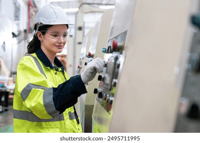 Caucasian female engineer, paper factory worker paper cardboard manufacture factory concept, industry worker person working with machine to recycling material package box in warehouse storage. - Powered by Shutterstock