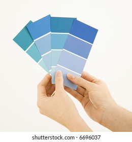 Caucasian Female Hands Holding Paint Color Swatches.