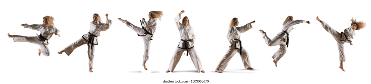 Caucasian Female In Kimono Practicing Taekwondo. Modern Korean Martial Art Similar To Karate