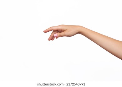 A Caucasian Female Outstretched Hand Makes A Gesture Seems To Click, Point Or Touch Something With The Index Finger Isolated On A White Background. Mockup With Empty Copy Space For A Intended Object