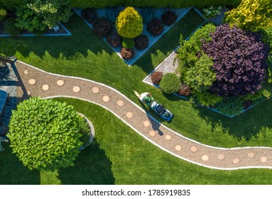 Caucasian Gardener with Grass Mower Trimming Beautiful Backyard Garden Lawn. Aerial View. Gardening and Landscaping Industry. - Shutterstock ID 1785919835