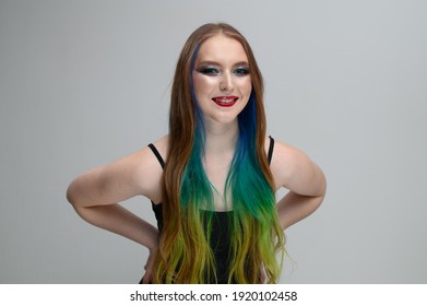 Caucasian Girl With Dyed Hair On A White Background