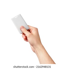 Caucasian Hand Holding A White Proximity Card, Isolated