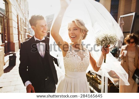 caucasian happy romantic young  couple celebrating their marriage