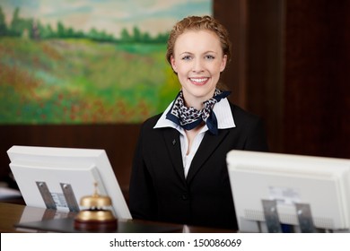 Caucasian Happy Woman Working As A Professional Receptionist In A Hotel