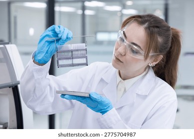 Caucasian laboratory pathologist using automatic multi slide stainer machine in a laboratory