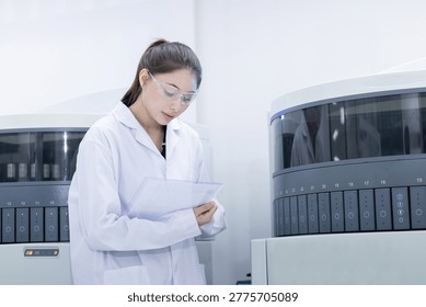 Caucasian laboratory pathologist using automatic multi slide stainer machine in a laboratory