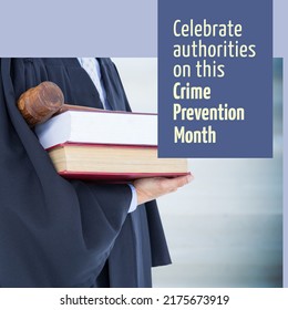 Caucasian lawyer with gavel and books and celebrate authorities on this crime prevention month text. Midsection, text, composite, justice, legal system, protection, support, awareness, alertness. - Powered by Shutterstock