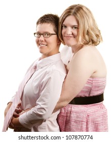 Caucasian Lesbian Couple Embracing Over White Background