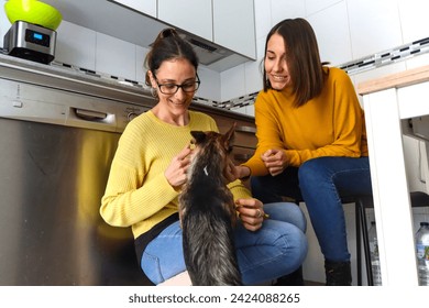 Caucasian lesbian couple having a delicious coffee happily in the kitchen and playing with their little dog. LGBT couple concept - Powered by Shutterstock