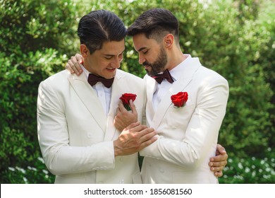 Caucasian Lgbtq Gay Marriage Couple Having Romantic Moment Together After Wedding Ceremony. Concept Of LGBTQ Same Sex Relation