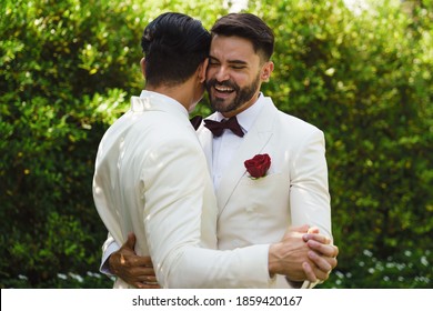 Caucasian Lgbtq Gay Marriage Couple Having Romantic Moment Together After Wedding Ceremony. Concept Of LGBTQ Same Sex Relation