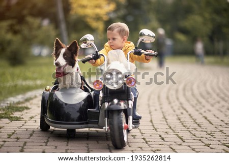 caucasian little boy  driving dog in sidecar of a motorcycle replica outdoor in a park