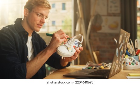 Caucasian Male Artist Creating Fresh Design Sneakers in Loft Working Environment  Handsome Man Drawing Shoes  Creative Occupation   Fashion Startup Company Concept 