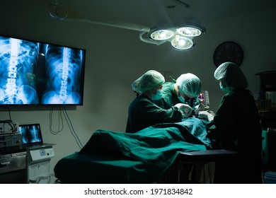 Caucasian Male Doctor In Green Surgical Gown, Surgical Cap, Face Mask And Surgical Magnifying Glasses Is Operating The Patient Lying On Bed With Two Asian Female Nurse As Assistant In Operating Room.