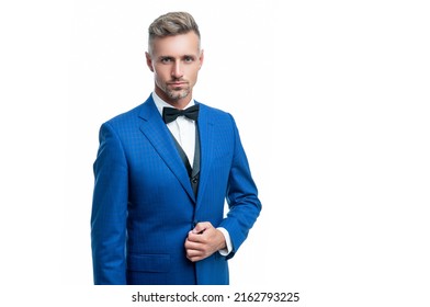 Caucasian Man Bridegroom In Blue Rich Tux Bow Isolated On White Background