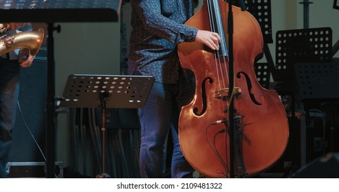Caucasian man at a concert plays jazz and blues on a contrabass without a bow. Live, musical performance and virtuosity of playing double bass, musical instrument