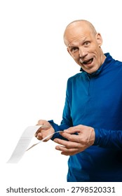 Caucasian man examining receipts while preparing expense report for reimbursement pencil in hand, amused pragmatic smile, blue shirt, piles of itemized slips, smallbusiness