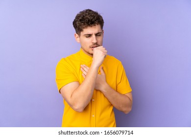 Caucasian man isolated on purple background coughing a lot - Shutterstock ID 1656079714