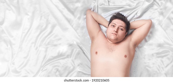 Caucasian Man Lying Bed White High Key, Banner