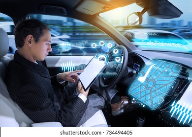  Caucasian man riding autonomous car. Self driving vehicle. Driverless car. 