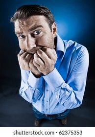 Caucasian Man Scared Anxious Fear Unshaven  Isolated Studio On Black Background