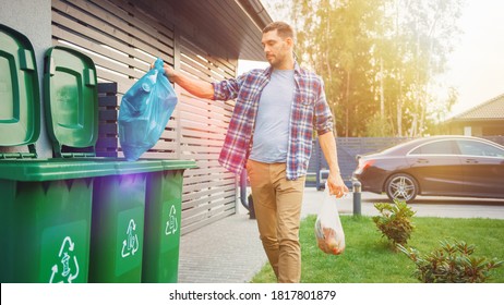 Caucasian Man is Throwing Away Two Plastic Bags of Trash next to His House. One Garbage Bag is Sorted with Biological Food Waste, Other with Recyclable Bottles Garbage Bin. - Shutterstock ID 1817801879