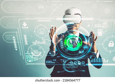 Caucasian man using virtualization ECOsystem model with VR headset, Virtual Reality technology with Develop CO2 artificial intelligence vehicle drive. Virtual lab technology concept.