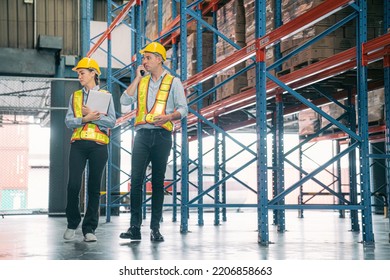 Caucasian Man, Woman Warehouse Supervisor Wear Safety Discuss,talk And Use Clipboard Check Box Package On Shelf, Product Distribution Inventory Management,Logistics Shipping Business Planning Industry