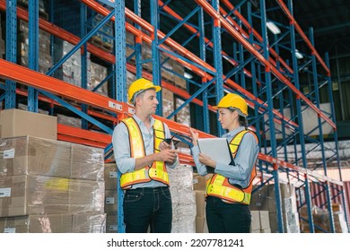 Caucasian Man, Woman Warehouse Supervisor Wear Safety Discuss,talk And Use Clipboard Check Box Package On Shelf, Product Distribution Inventory Management,Logistics Shipping Business Planning Industry