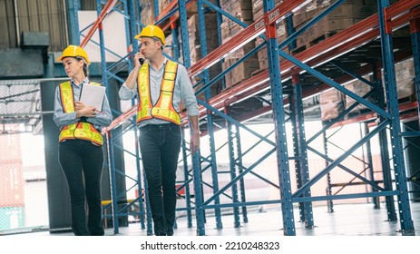 Caucasian Man, Woman Warehouse Supervisor Wear Safety Discuss,talk And Use Clipboard Check Box Package On Shelf, Product Distribution Inventory Management,Logistics Shipping Business Planning Industry