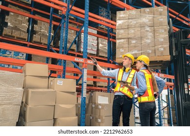 Caucasian man, woman warehouse supervisor discuss and use tablet check package with forklift driver worker load box on shelf, product distribution inventory management,Logistics shipping business plan - Shutterstock ID 2212962653